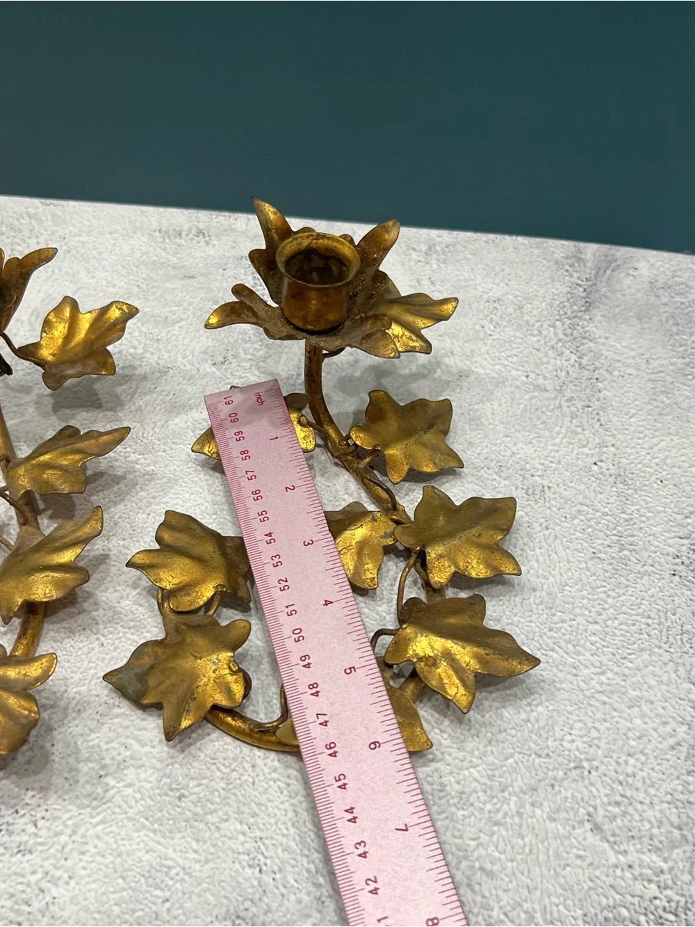 Vintage MCM Italian Gilt Metal Tole Candle Holder Set Ivy Leaf Hollywood Regency